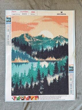 Finished Diamond Painting Landscape Mosaic - Teal & Peach Mountain Scene